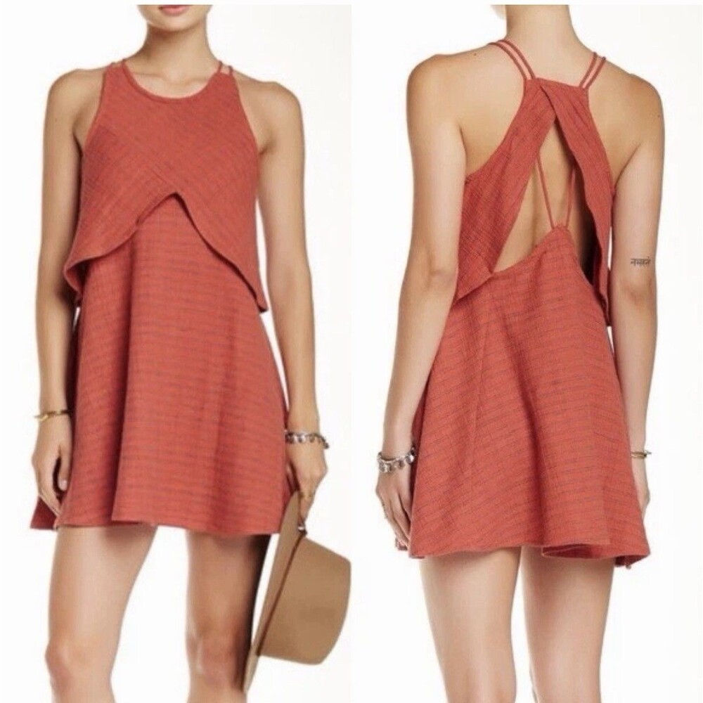 Free People Women’s Summer Linen Dress Mini Sleeveless Coral Stripe Size S